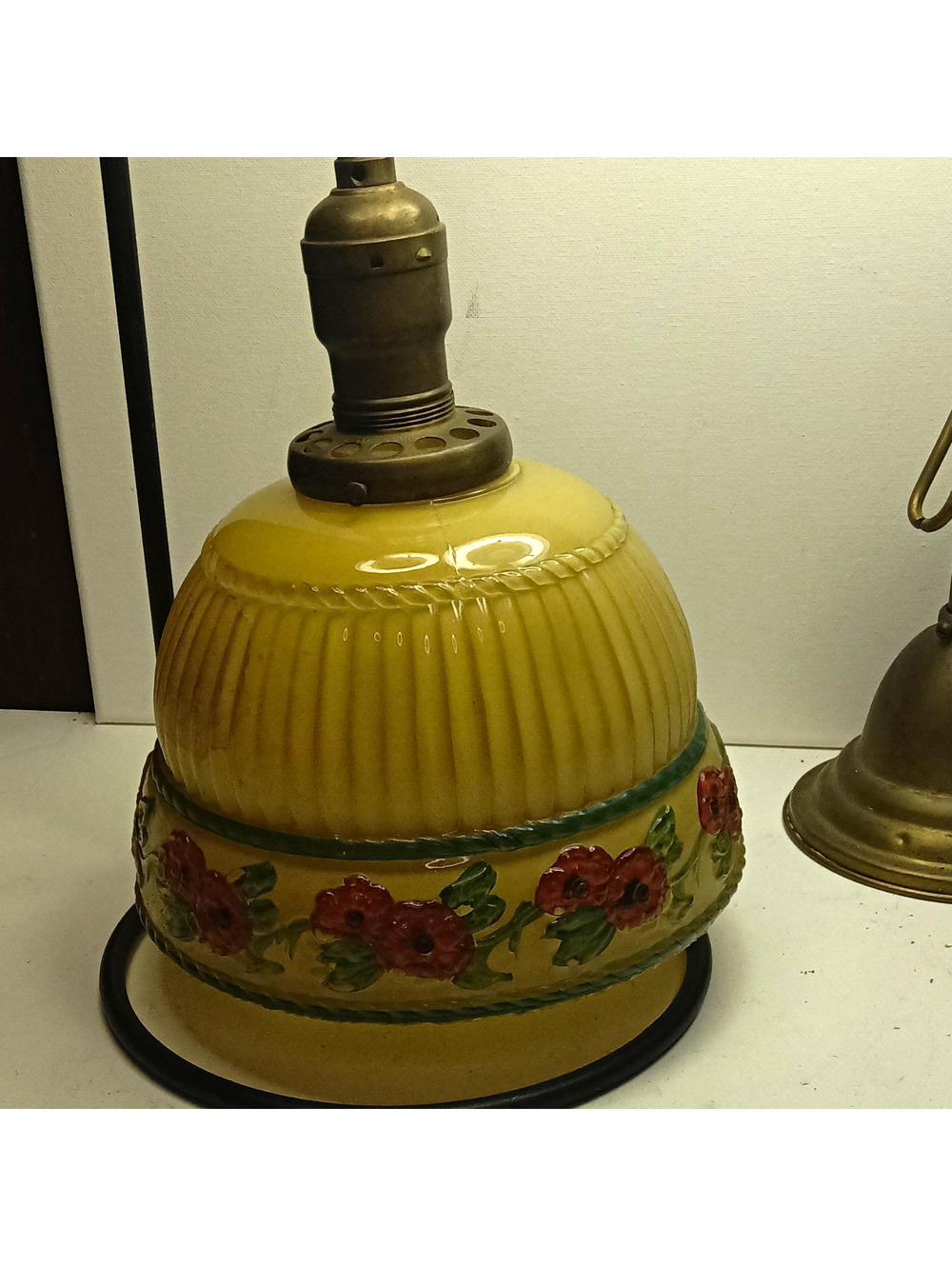 Antique Floral Ribbed Glass Hanging Swag Pendant Lamp Light Painted Ros Antique